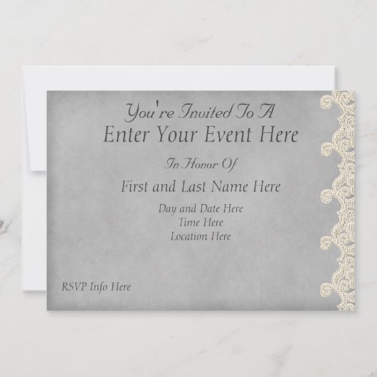 Juwelen en kant grijze feestuitnodiging kaart (Achterkant)