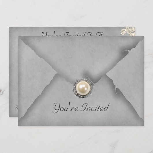 Juwelen en kant grijze feestuitnodiging kaart (Voorkant / Achterkant)