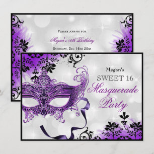 Juwelen Masker & Damast Paarse Masquerade Sweet 16 Kaart