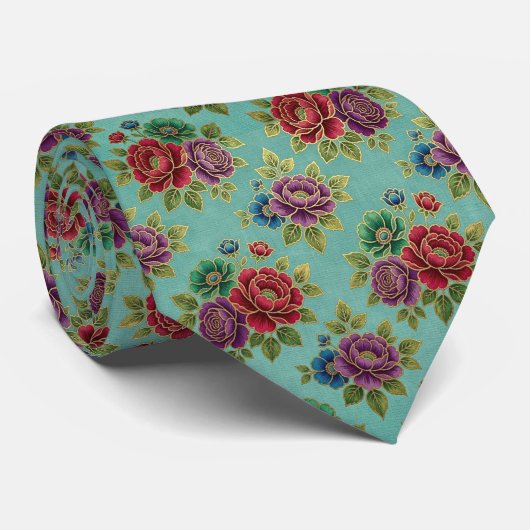 Juwelentone Bloemen met Gouden Accenten Stropdas (Opgerold)