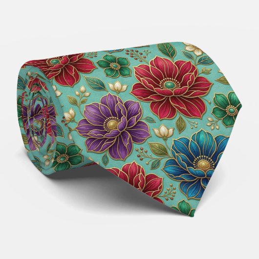 Juwelentone Bloemen met Gouden Accenten Stropdas (Opgerold)