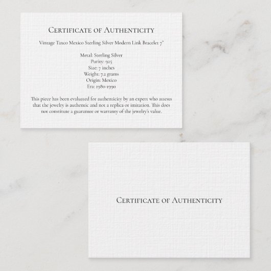 Juwelier Letter Authenticity, Certificate Sjabloon Visitekaartje (Voorkant / Achterkant)