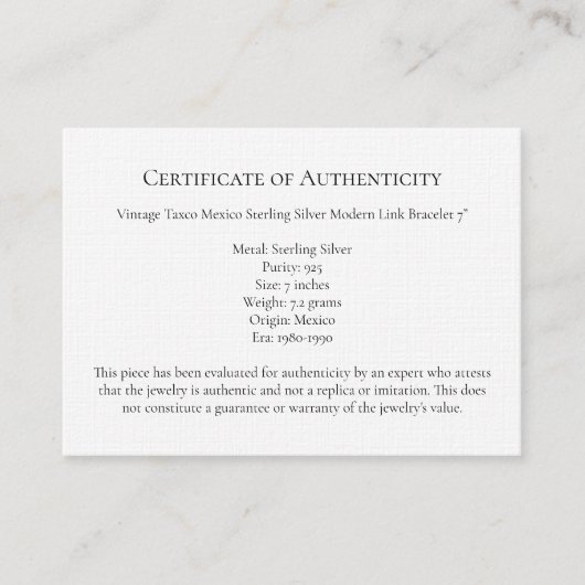 Juwelier Letter Authenticity, Certificate Sjabloon Visitekaartje (Voorkant)