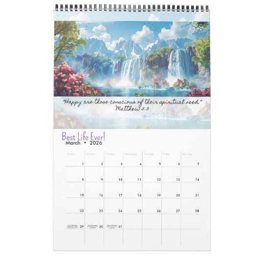 JW 2026 Calendar -Calming Waterfalls -Matthew 5:3 Kalender (Mar 2026)