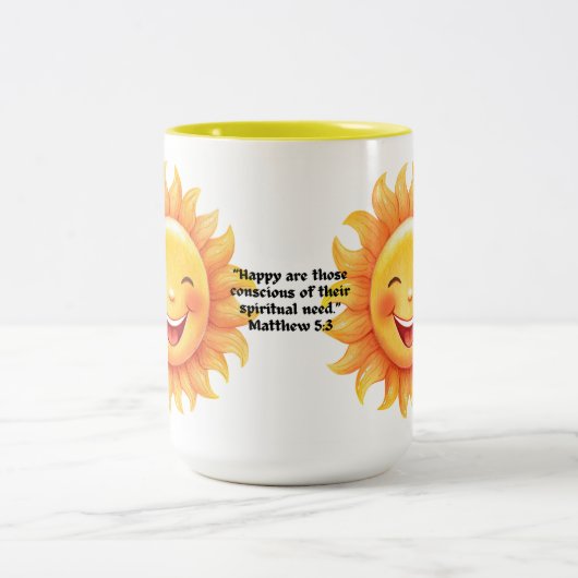 JW 2026 Jaar Tekst Mattheüs 5:3 Glimlachende Zon Tweekleurige Koffiemok (Center)