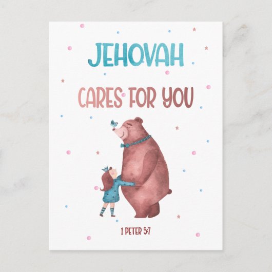 JW Kinder Gift-1 Peter 5:7 Jehovah geeft om je nie Briefkaart (Voorkant)