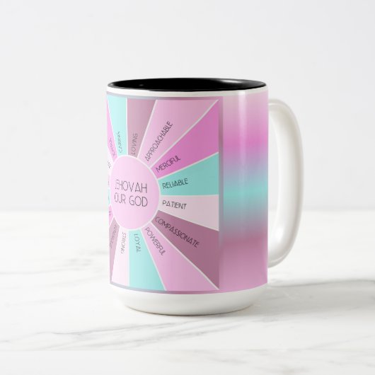 JW Kwaliteiten van Onze God Jehova Koffiebeker Tweekleurige Koffiemok (Voorkant rechts)