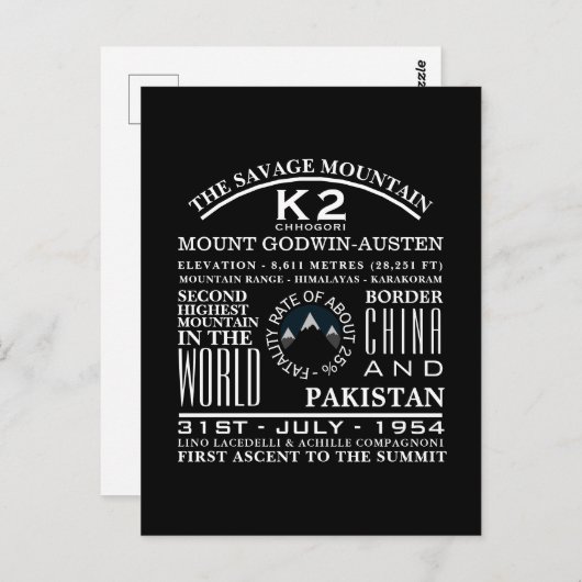 K2, informatie over de opruiing van de bergen briefkaart (Voorkant / Achterkant)