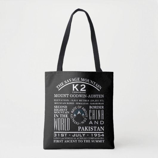 K2, informatie over de opruiing van de bergen tote bag (Voorkant)