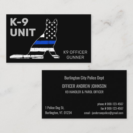 K9 Eenheid Rechtshandhaving Dunne Blauwe Lijn Poli Visitekaartje (Voorkant / Achterkant)