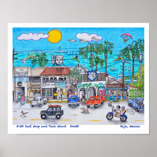 K-38 Surf shop en Taco stand, Baja, Mexico Poster (Voorkant)