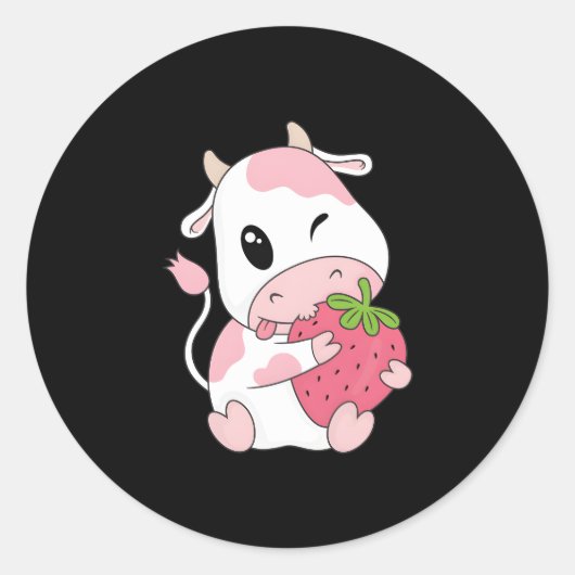 K Aardbei Koe Print Kawaii Dier Ronde Sticker (Voorkant)