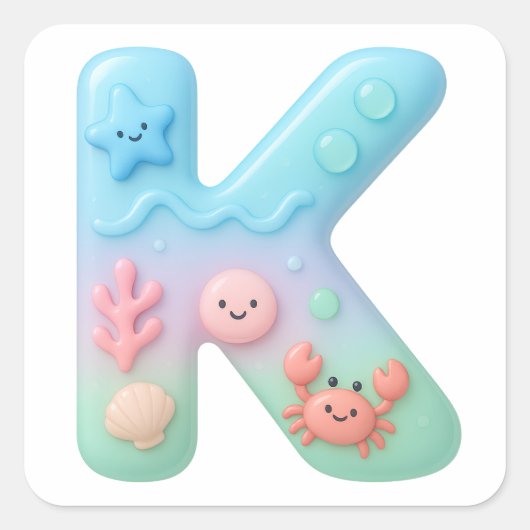 "K" Cute Letter - Underwater Sea Creatures  Vierkante Sticker (Voorkant)