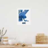 "K" Dinosaur Waterverf Blue Child Name Poster (Keuken)