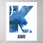 "K" Dinosaur Waterverf Blue Child Name Poster (Voorkant)