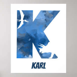 "K" Dinosaur Waterverf Blue Child Name Poster