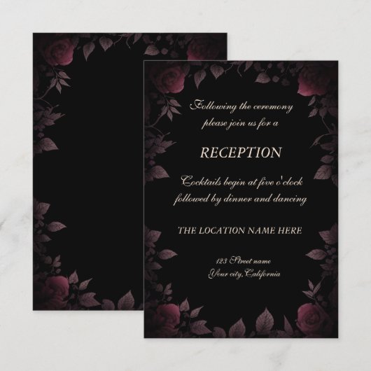 k donker bordeaux Rozen zwart bruiloft receptie Kaart (Voorkant / Achterkant)