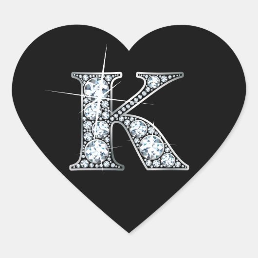 "K" Faux-"Diamond Bling" op Black Heart Sticker (Voorkant)