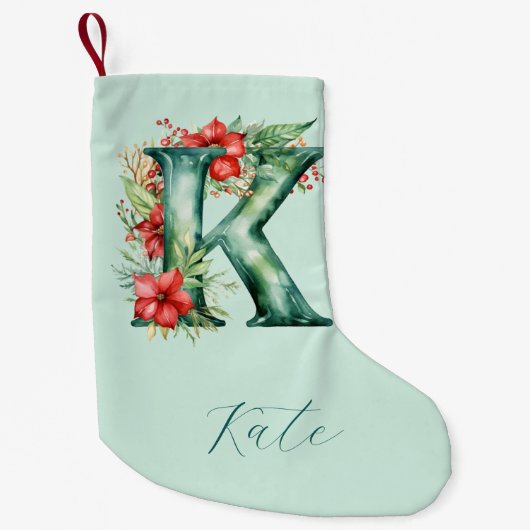 (k) Floral Monogram Groene Waterverf boomdecor Kleine Kerstsok (Voorkant)
