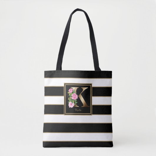K Gold Floral Monogram | Zwarte witte gouden strep Tote Bag (Voorkant)