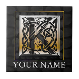 K "Jouw naam" Celtic Black Stone Monogram Tegel Tegeltje
