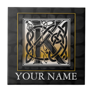 K "Jouw naam" Celtic Black Stone Monogram Tegel Tegeltje