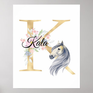 K letter gepersonaliseerde naam monogram met paard poster