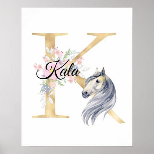 K letter gepersonaliseerde naam monogram met paard poster (Voorkant)