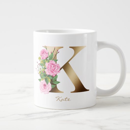 K Letter Gold Monogram | Roze Floral Grote Koffiekop (Rechts)