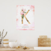 K Letter Monogram Gouden Bladeren Roze Magnolia Bl Poster (Keuken)