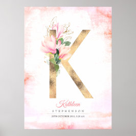 K Letter Monogram Gouden Bladeren Roze Magnolia Bl Poster