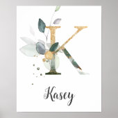 K Letter Monogram Groene Nursery Naam Muurprint Poster (Voorkant)
