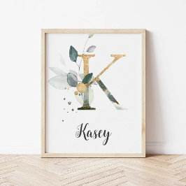 K Letter Monogram Groene Nursery Naam Muurprint Poster