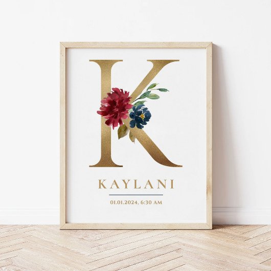 K Letter Monogram Naam Marsala Bloemenkwekerij Poster