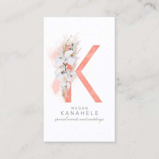 K Letter Monogram White Orchids and Pampas Grass Visitekaartje (Voorkant)