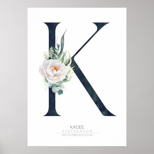 K Letter Monogram Witte Bloemen en Groene Tinten Poster (Voorkant)