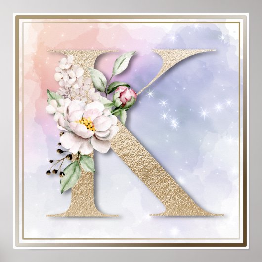 K Monogram Bordeaux Bloemenposter Poster (Voorkant)