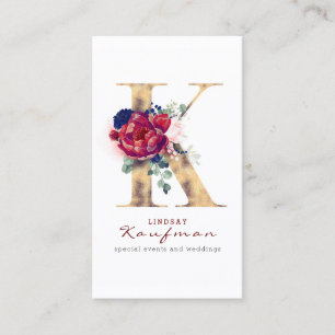 K Monogram Bourgogne Goud en Marine Blauwe Bloemen Visitekaartje