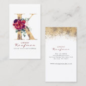 K Monogram Bourgogne Rode Bloemen en Gouden Glitte Visitekaartje (Voorkant / Achterkant)