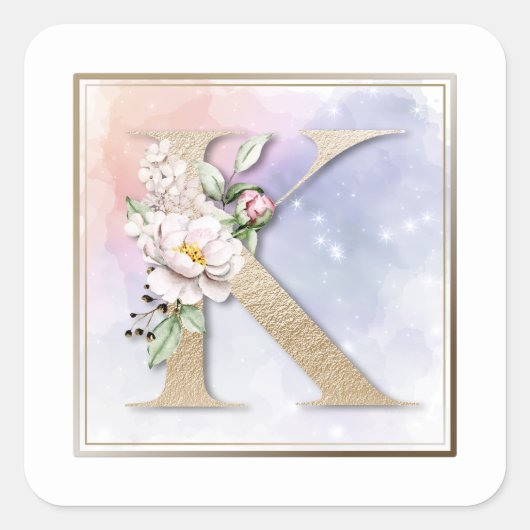 K Monogram Burgundy Floral Square Sticker (Voorkant)