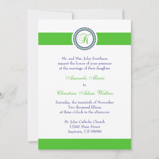 K Monogram Dot Circle Wedding Invitations (Limoen) Kaart (Voorkant)