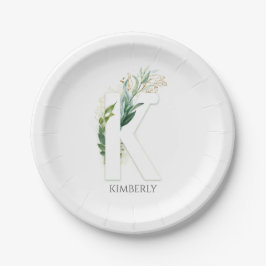 K Monogram Gouden Groene Bladeren Elegante Naam Papieren Bordje