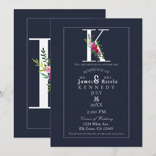 K Monogram Laatste Initiaal Modern Blue Floral Wed Kaart (Voorkant / Achterkant)