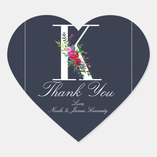 K Monogram Laatste Initiaal Moderne Blauwe Bloemig Hart Sticker (Voorkant)
