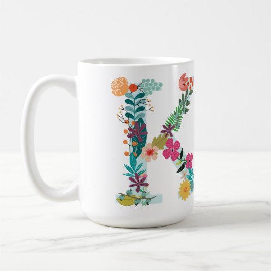 K Monogram Mok, Floral K Initiaal, botanisch Koffiemok (Links)