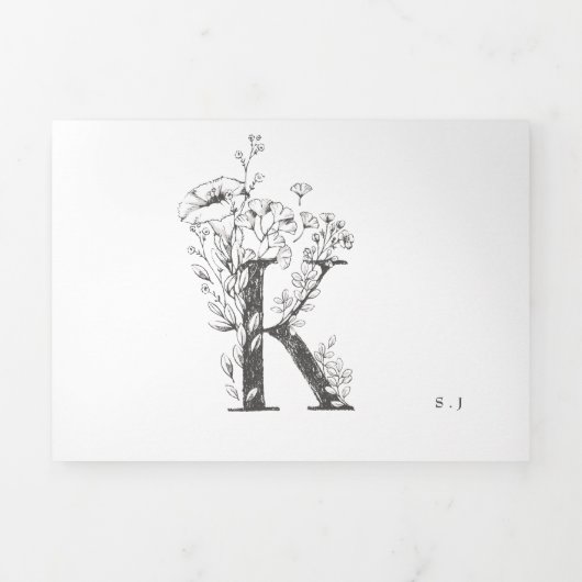 'K' Monogram mooi geborsteld Floral Wedding Drieluik Uitnodiging (Cover)