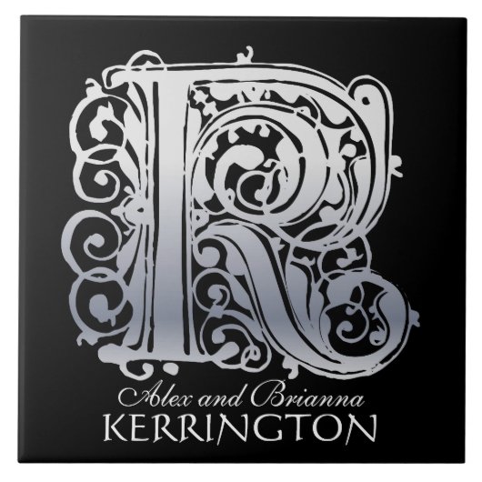 K Monogram "Silver Lace on Black" met Names-Tegel Tegeltje (Voorkant)