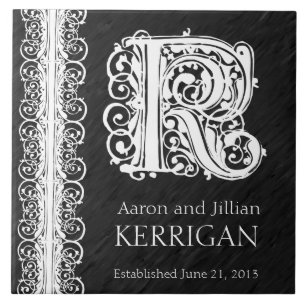 K Monogram "White Lace on Black" Wedding Tegel Tegeltje