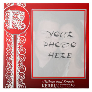 K Monogram "White Lace on Red" met foto - Tegel Tegeltje