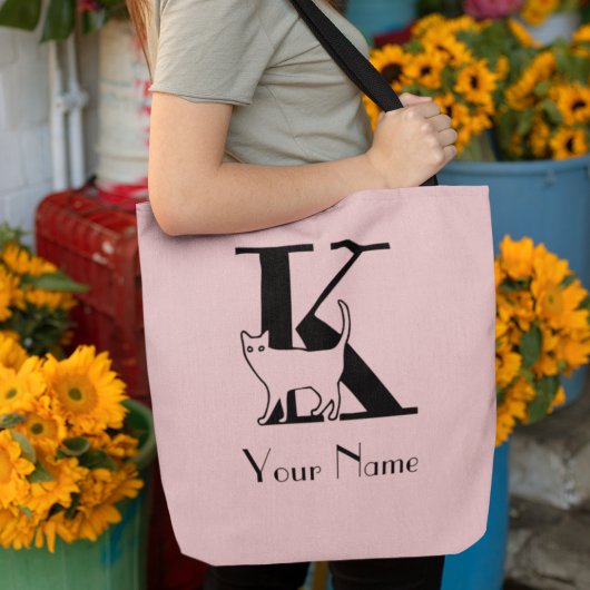 K Monogramkat over zwarte roze en zwarte Canvas ta Tote Bag